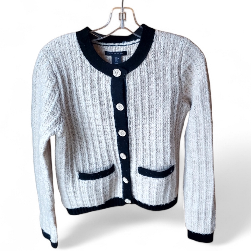 Tahari Knit Cream and Black Tipped Cardigan Sweater Jacket XS